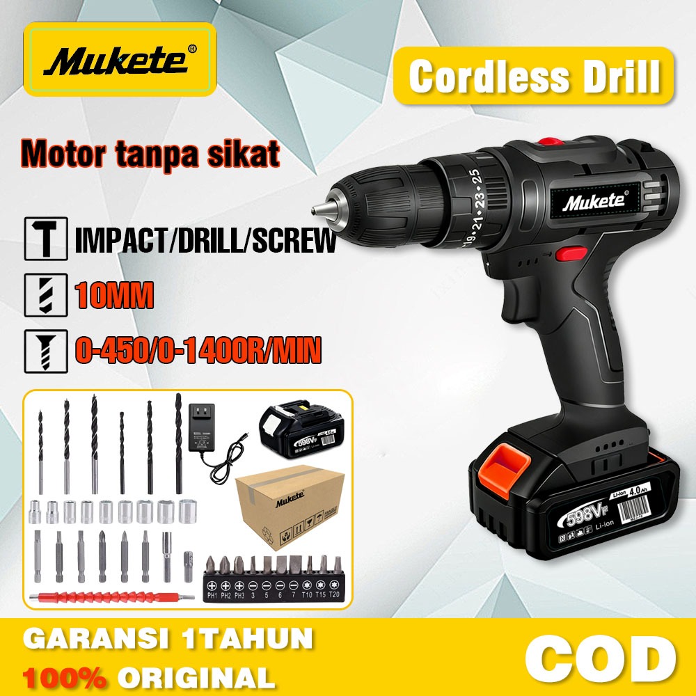 MUKETE mesin bor listrik 1400RPM  mesin bor baterai Impact Cordless 598V Baterai- Bor Listrik Set
