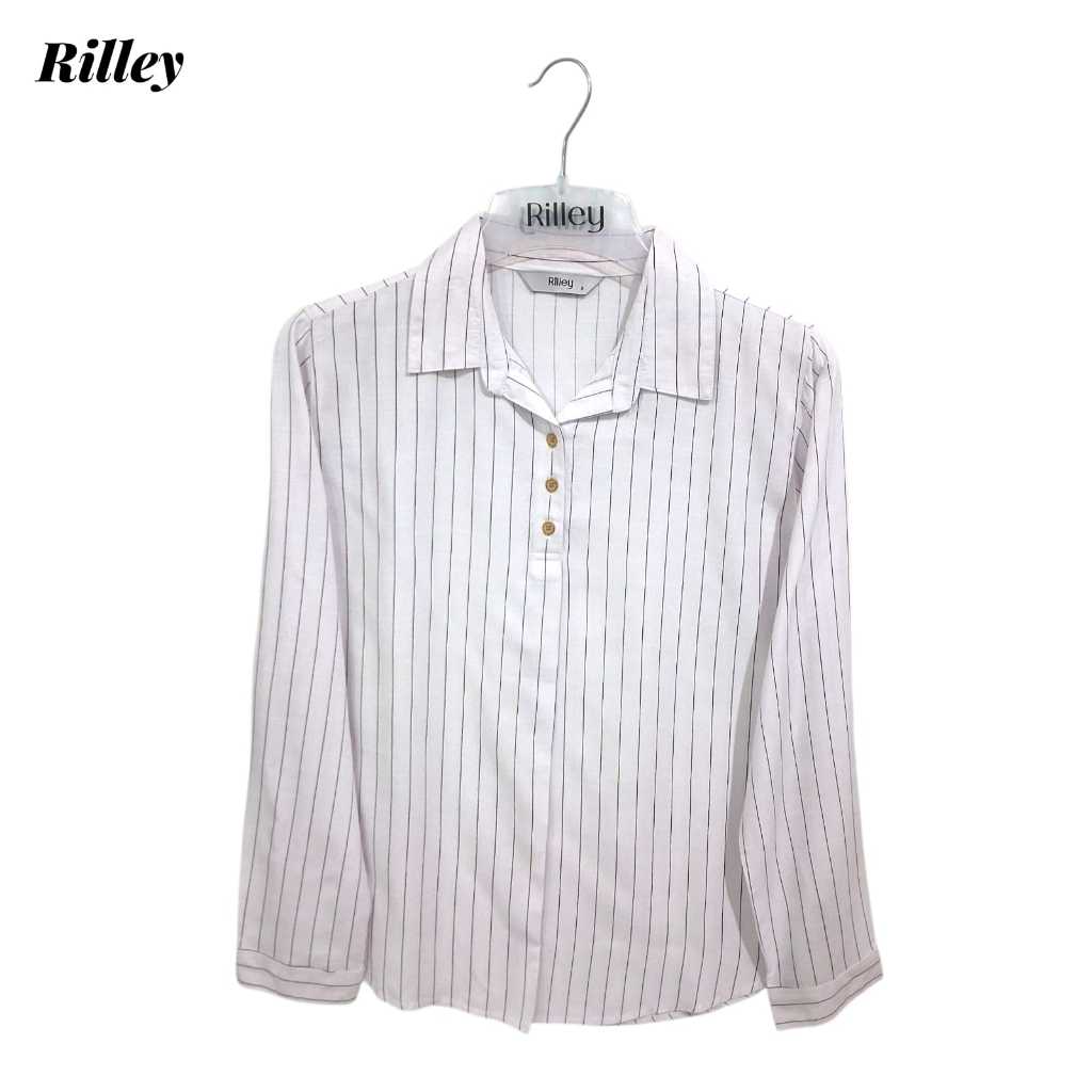 RILLEY - Kemeja Blus Khyra | Kemeja Salur Putih Wanita | Kemeja Wanita Bahan Adem Rayon Slub