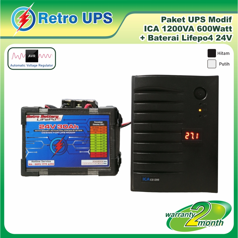 Paket Backup Listrik Server Wifi RT RW Net UPS Modif ICA 1200VA 600Watt + Baterai Lifepo4 24V Tingga