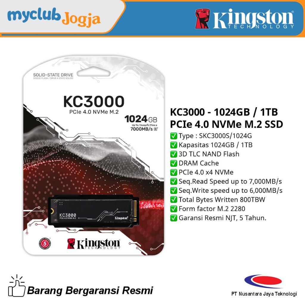 Kingston KC3000 1TB PCIe 4.0 NVMe M.2 SSD SSD Storage Laptop dan Komputer SKC3000S/1024G Penyimpanan