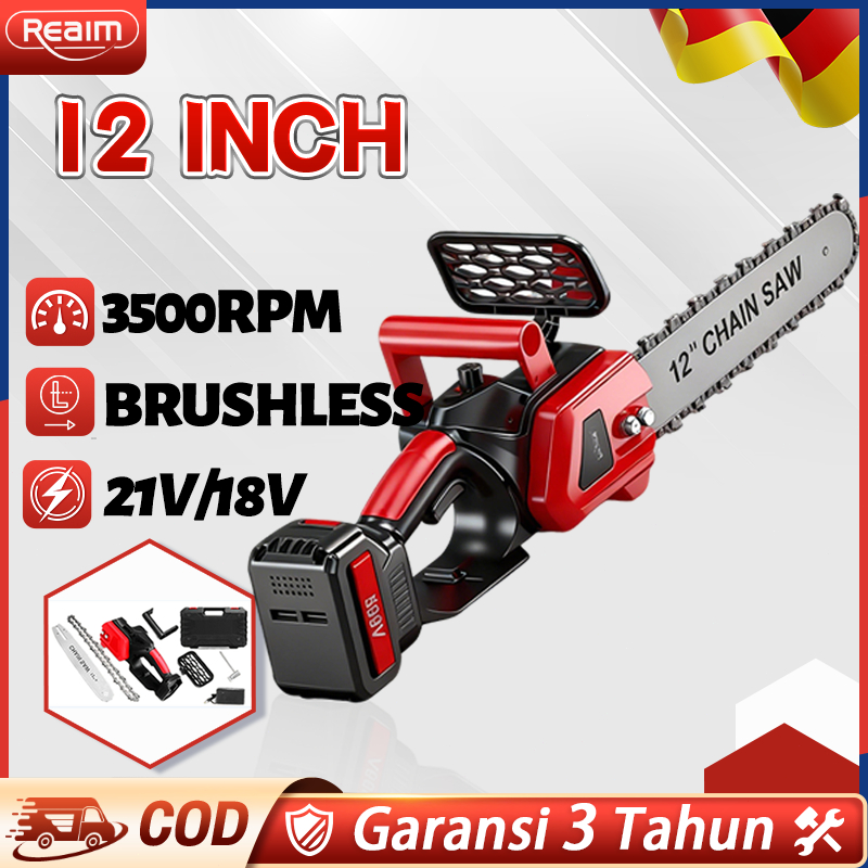 REAIM Chainsaw Cordless 12 Inch 21V - Gergaji Mesin Listrik Brushless Portable & Ringan untuk Potong