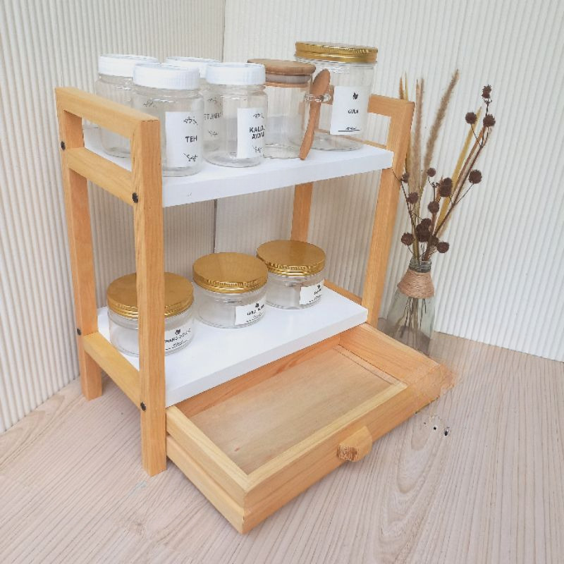 Rak Bumbu Dapur Kayu 2 Tingkat Kombinasi Laci Rak Dapur Tempat Bumbu Kayu Aesthetic