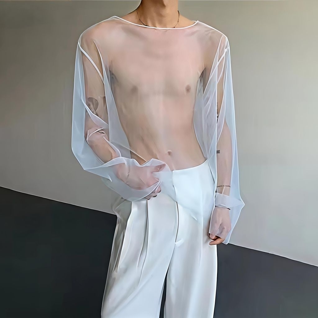 Kaos Pria Transparan Soft tulle lengan panjang
