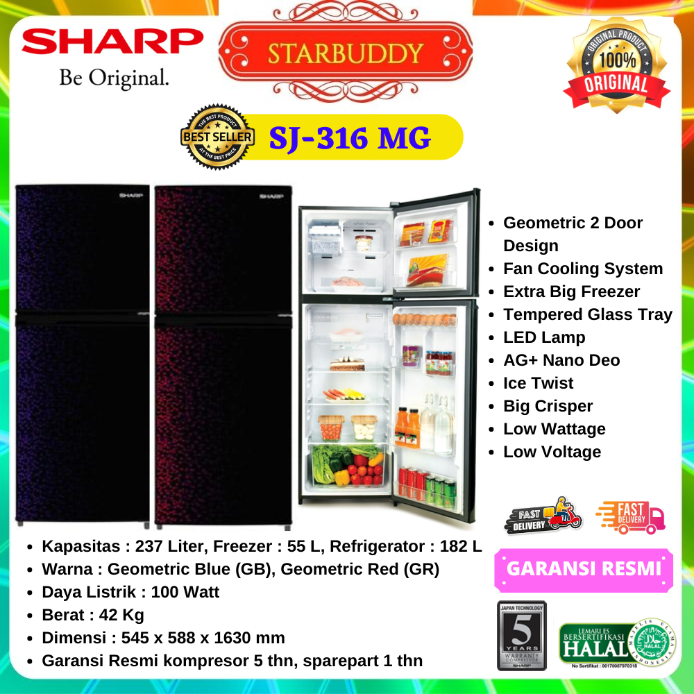 KULKAS SHARP SJ-316MG 2 PINTU SHINE SERIES MOTIF GEOMETRIS