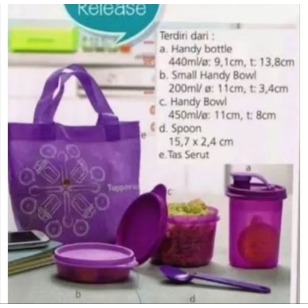 bekal set festive ungu Handy bowl 450ml + small handy bowl 200ml + tumbler 440ml + sendok ungu + tas