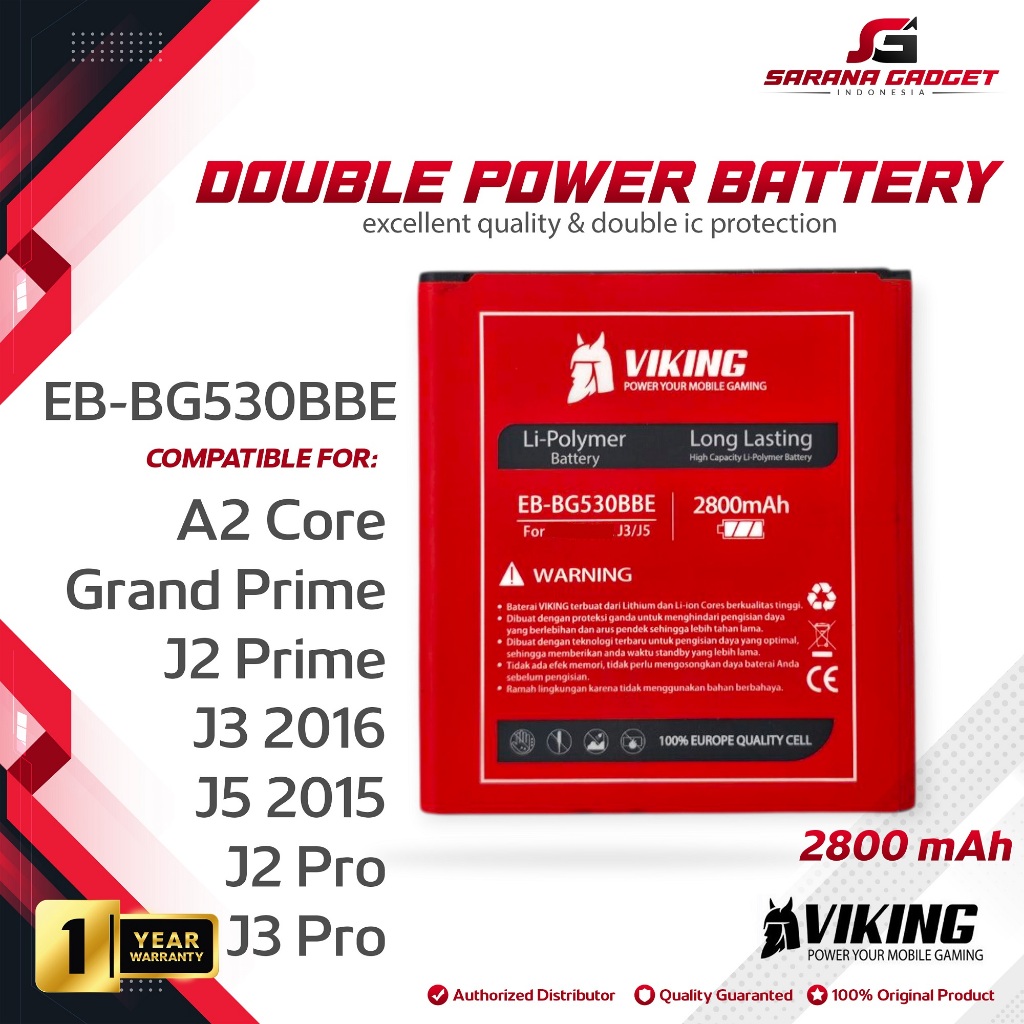 Baterai VIKING Double Power Original Samsung Galaxy A2 Core A260 Grand Prime G530 J2 Prime G532 J3 2