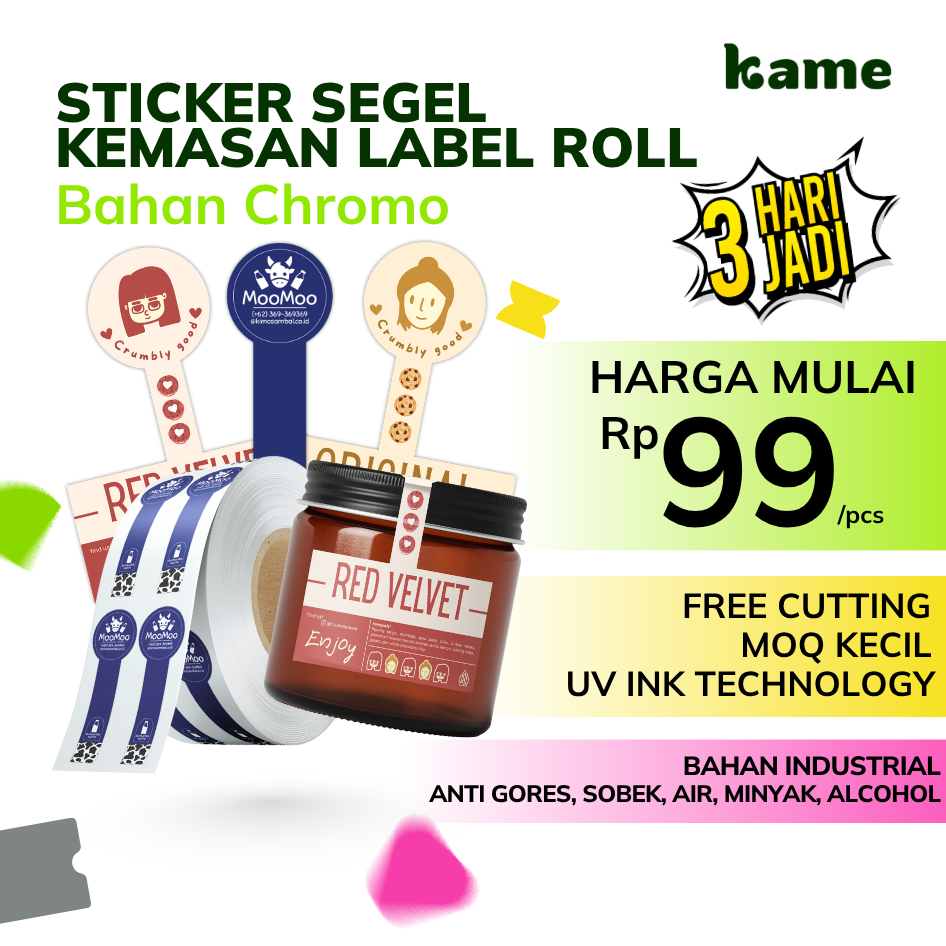 Cetak Stiker Label Roll UV INK Segel Makanan | Stiker Roll Custom Bahan Chromo| Stiker Cutting Kiss 