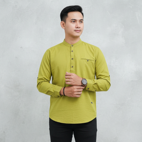 Kemeja Koko Pria Dewasa Lengan Panjang Hijau Lemon Lime Katun Hanzain