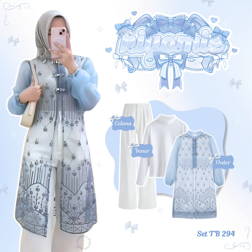 OOTD Outer Brukat Modern Outfit Kondangan/Raya Kekinian 3in1 (Tulip Outer Blue, Inner Manset, Celana