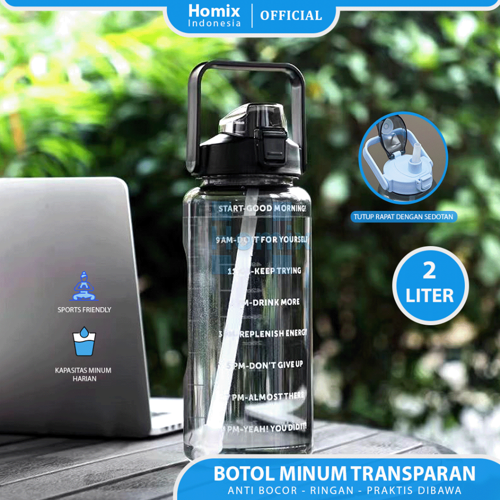 Homix Tumbler Botol Minum 2 Liter Besar Transparan Sedotan Penanda Waktu BPA Free Premium