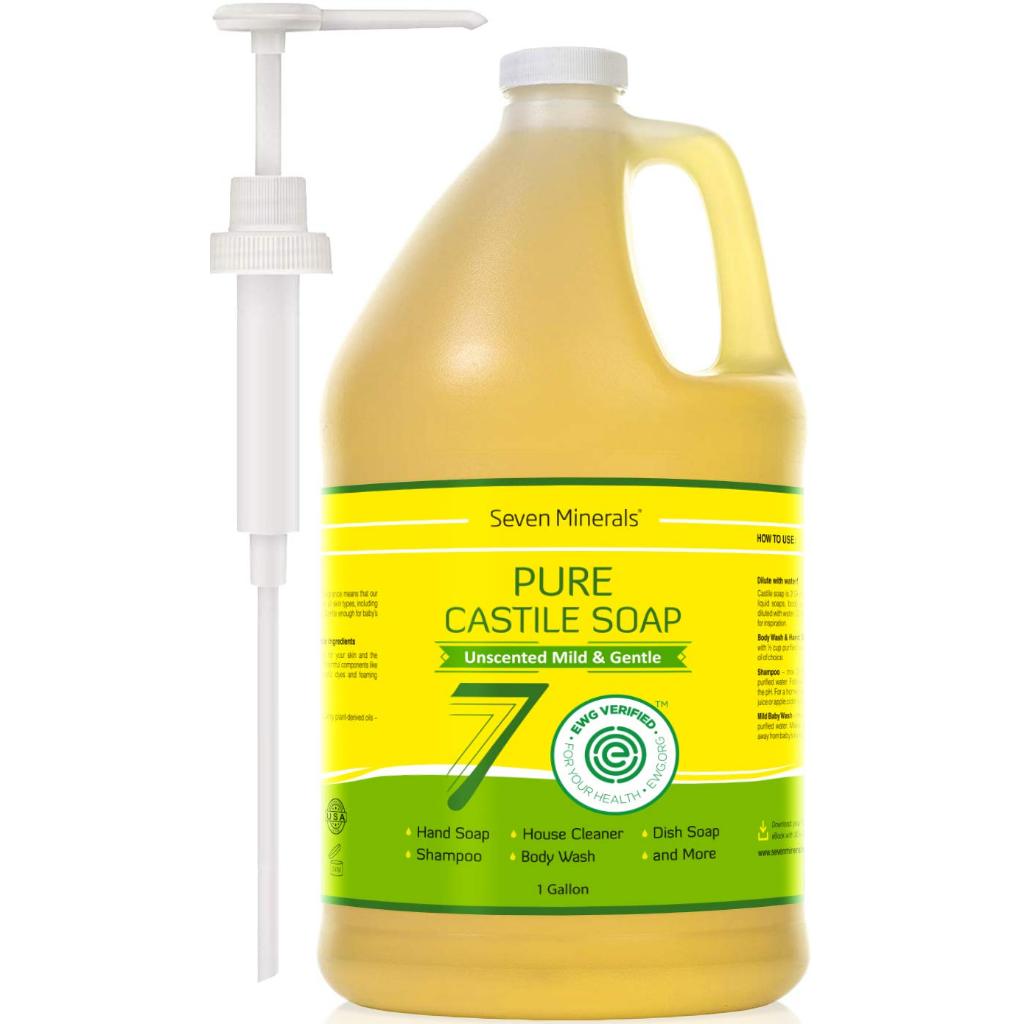 Seven Minerals EWG Verified Castile Soap-1 Gallon No Palm Oil, Unscented Mild & Gentle Skin Cleaning