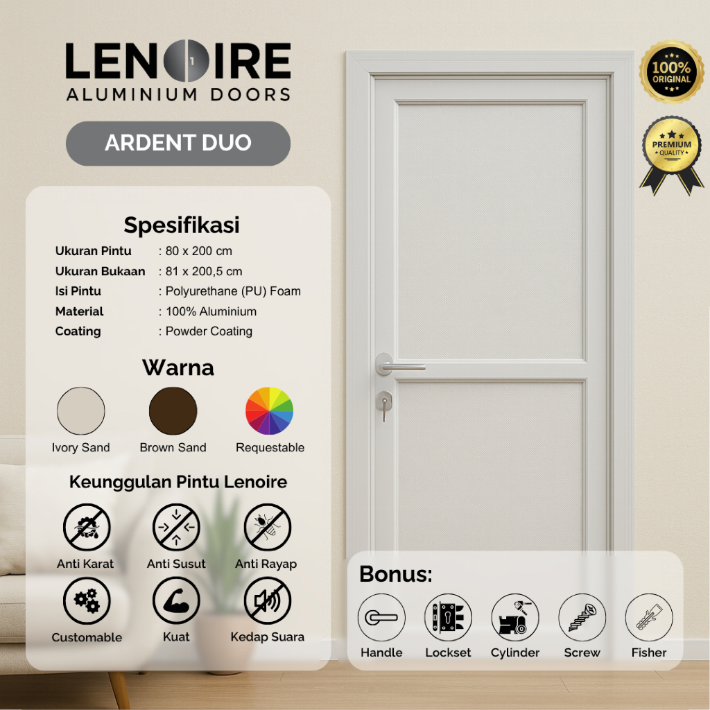 Lenoire Ardent Duo Pintu 2 Panel (Atas Bawah) Full Aluminium 80x200 | Bisa Custom