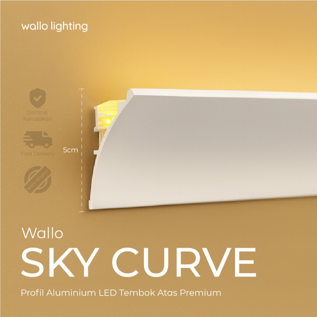 Wallo Sky Curve, Profil Lampu LED Dinding Atas Wall Mount Cahaya Lembut Instalasi & Renovasi Mudah T