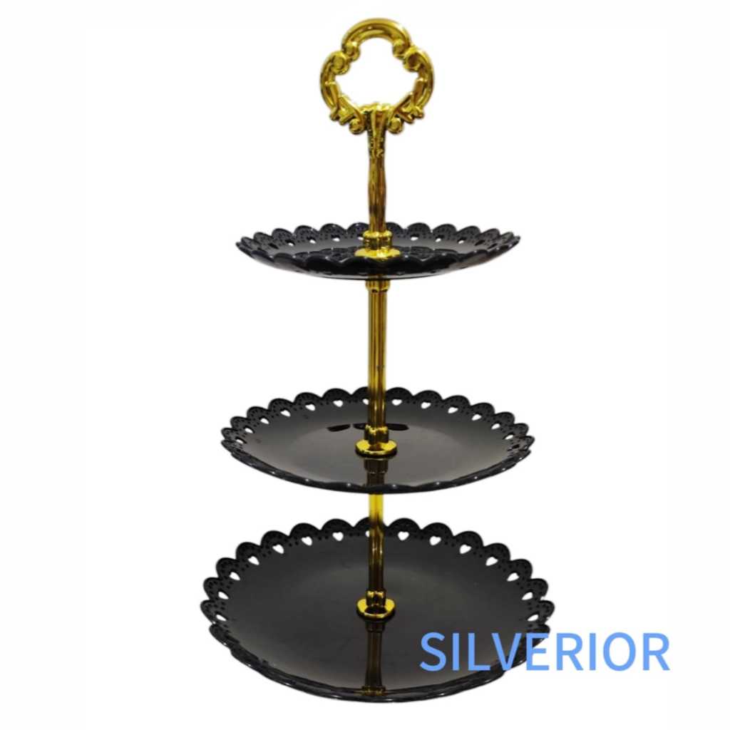 Piring susun tingkat hitam dekorasi saji buah kue
