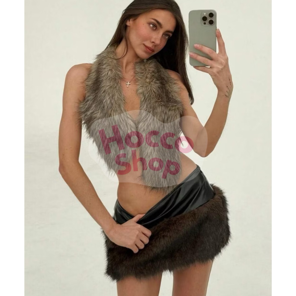 Backless Faux Fur Halter Top - top backless by hoccoshop