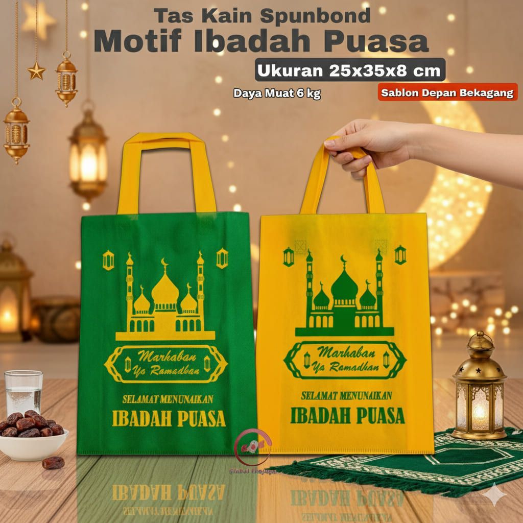 Puasa RAMADHAN Tas kain Spunbond Goodie Bag Ukuran 25x35x8 cm Tebal Cocok Untuk Wadah Sembako , Hant