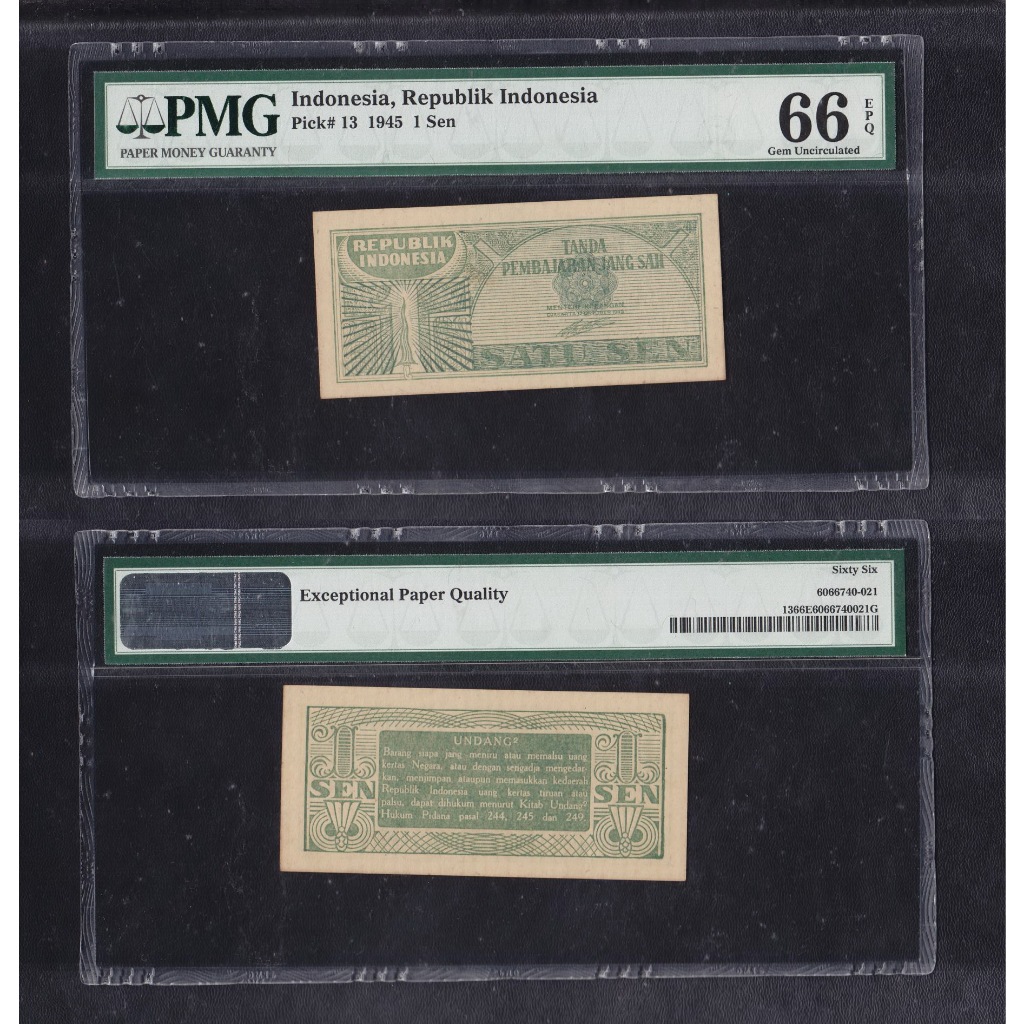 Uang kuno PMG 66 EPQ - 1 Sen tahun 1945 seri Oeang Repoeblik Indonesia (ORI-I)