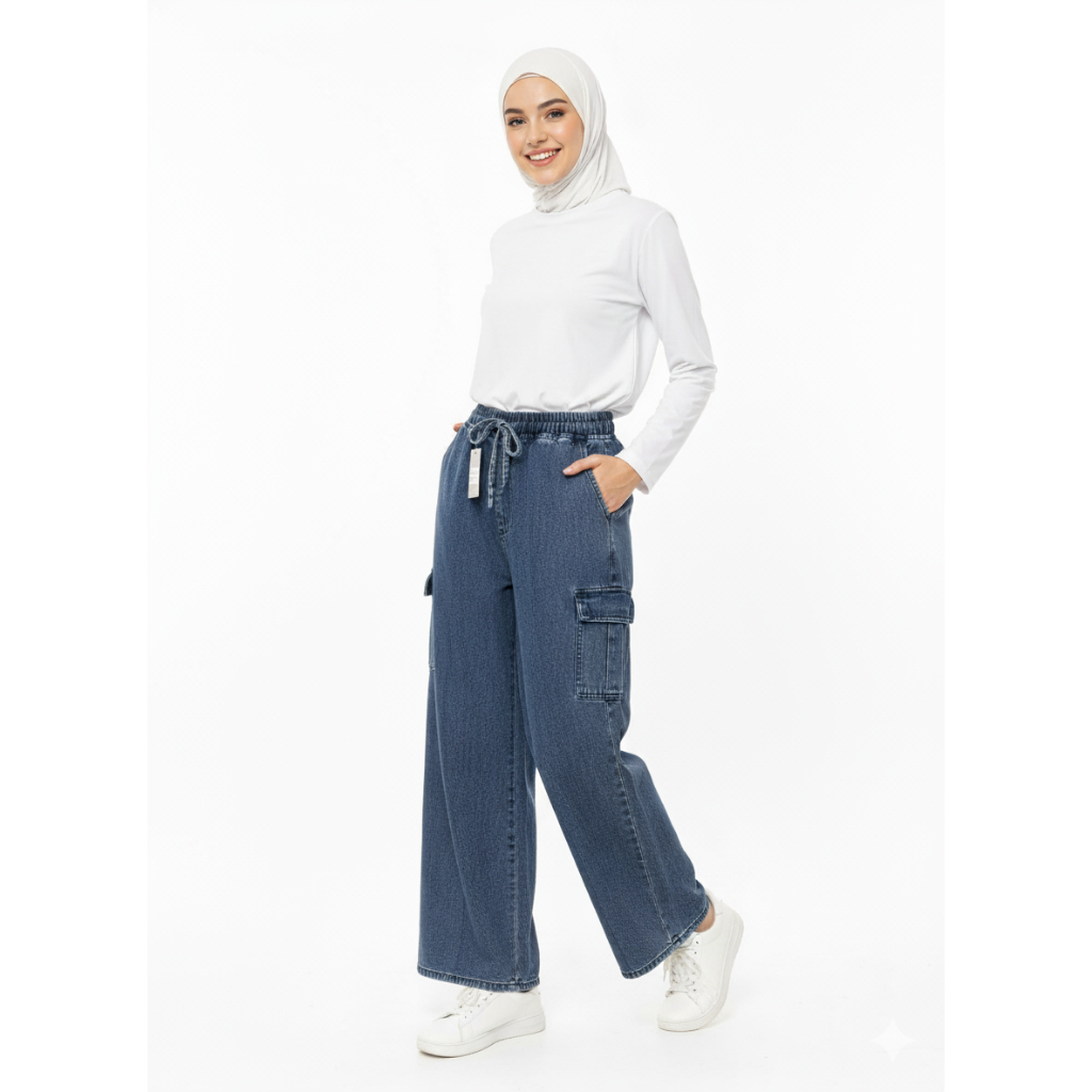 CELANA DENIM WANITA KULOT KARGO PINGGANG KARET JUMBO