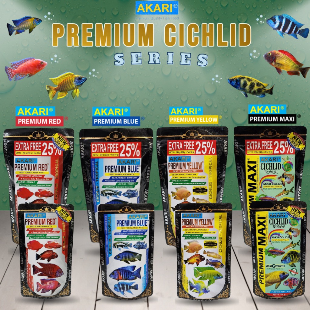 PAKET AKARI PREMIUM MAXI CICHLID / BLUE / RED / YELLOW 250 gram PAKET HEMAT Pelet Channa Louhan Pred