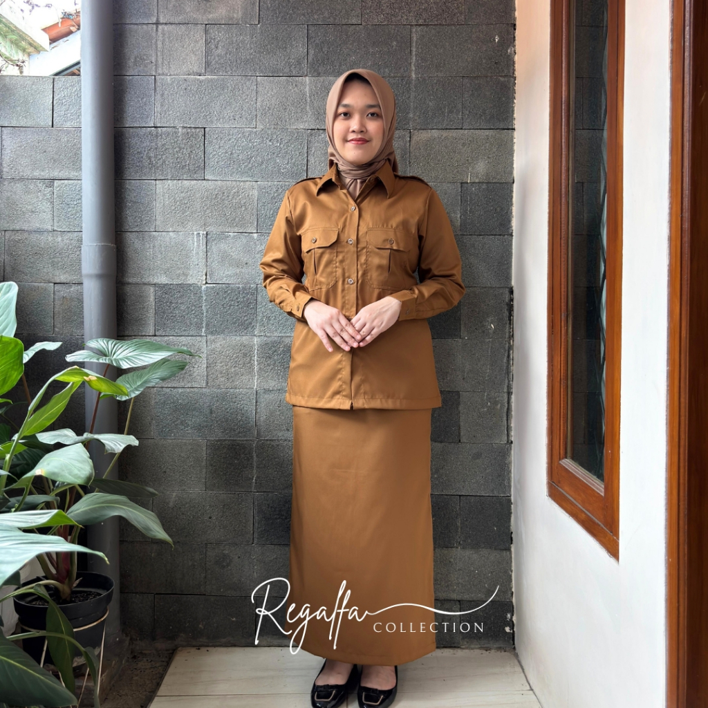 Setelan Baju Kemeja Pemda Dinas PDH PNS Wanita Model Saku Dada Warna Khaki Tua Terpopuler