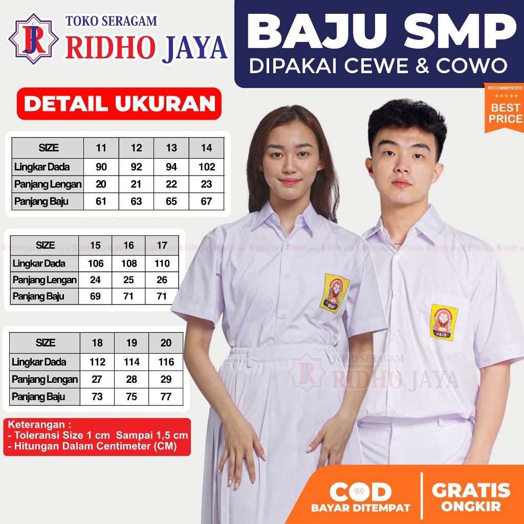 RIDHO JAYA Baju SMP Pendek Seragam Sekolah Putih