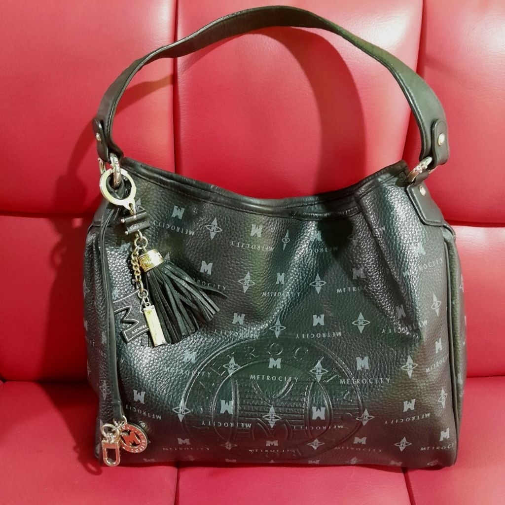 Tas Tote Laptop Hobo Kulit Asli METROCITY BLACK LEATHER Hitam