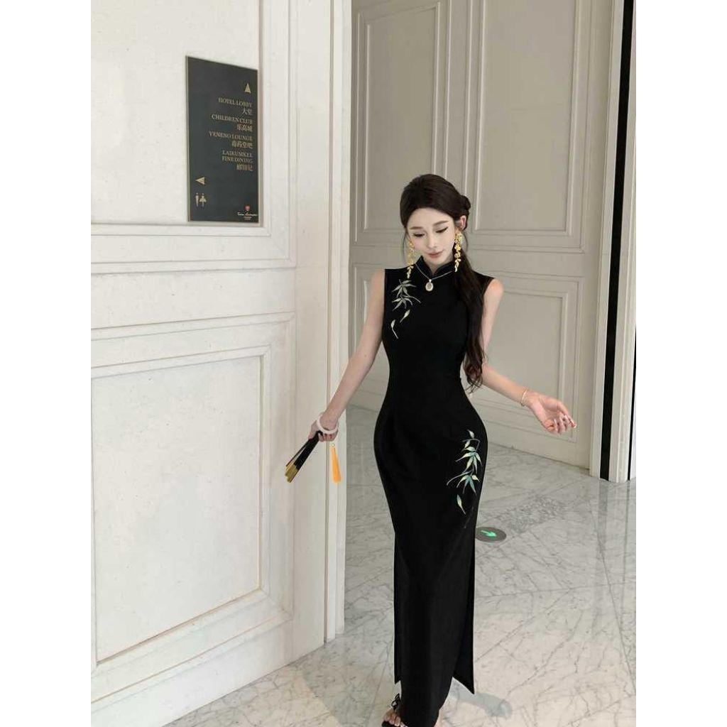 Setelan Gaun Wanita Qipao Dress Cheongsam Imlek Bodycon Long Dress Tanpa Lengan Gaya Sexy Elegan