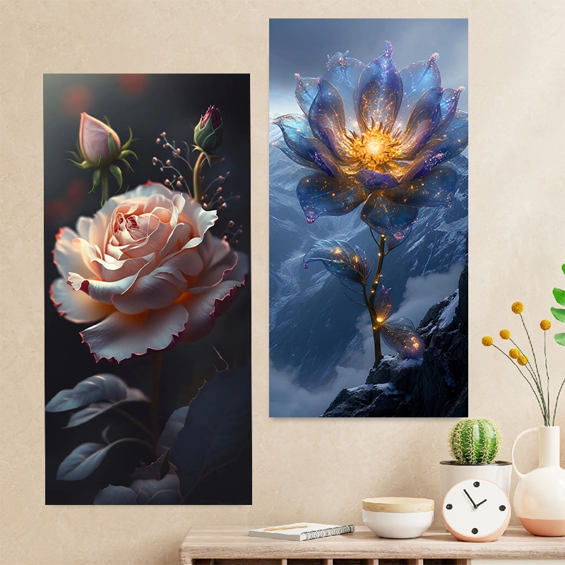 Lukisan Dinding Seni Fantasi Bunga Mawar & Teratai, Hiasan Rumah Kamar Tidur