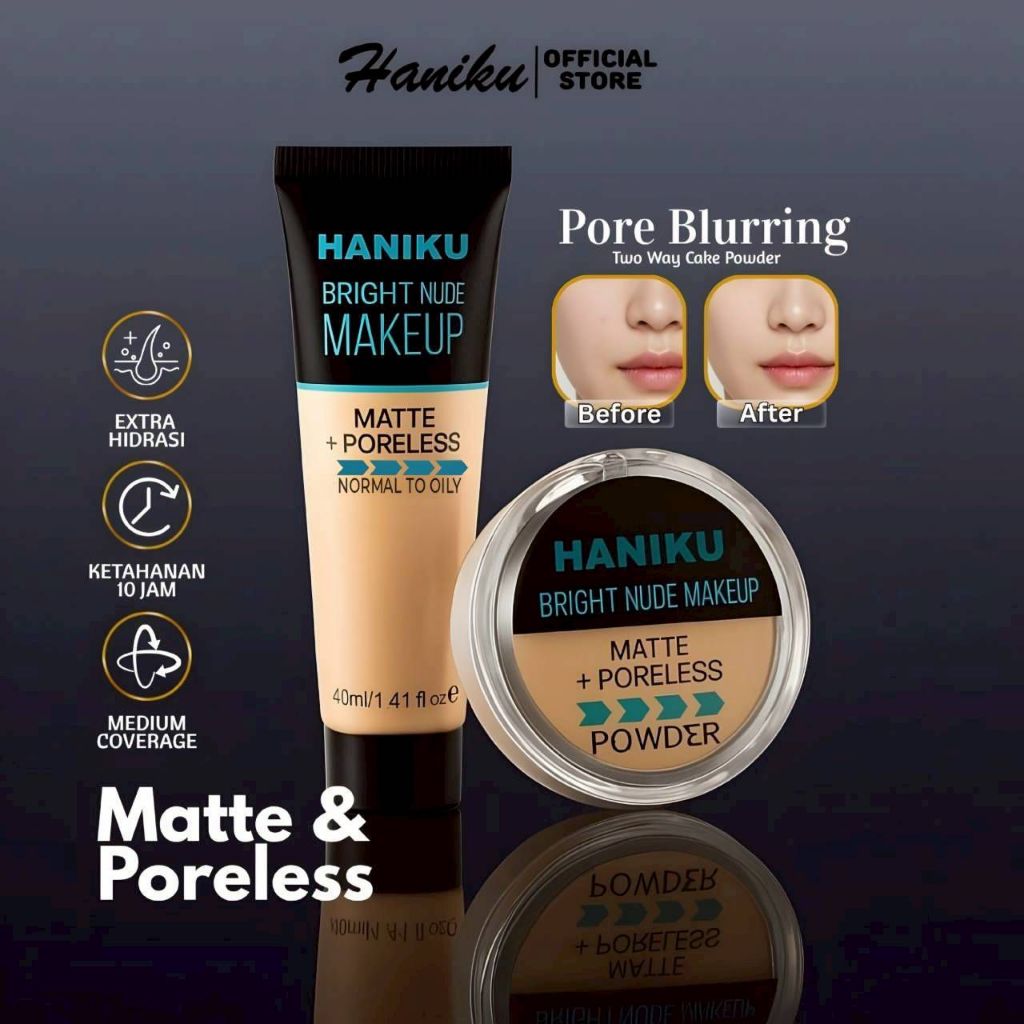 Haniku Paket Make up 1 set Lengkap Foundation & Bedak Padat - waterproof - Tahan Lama makeup 2in1 fo