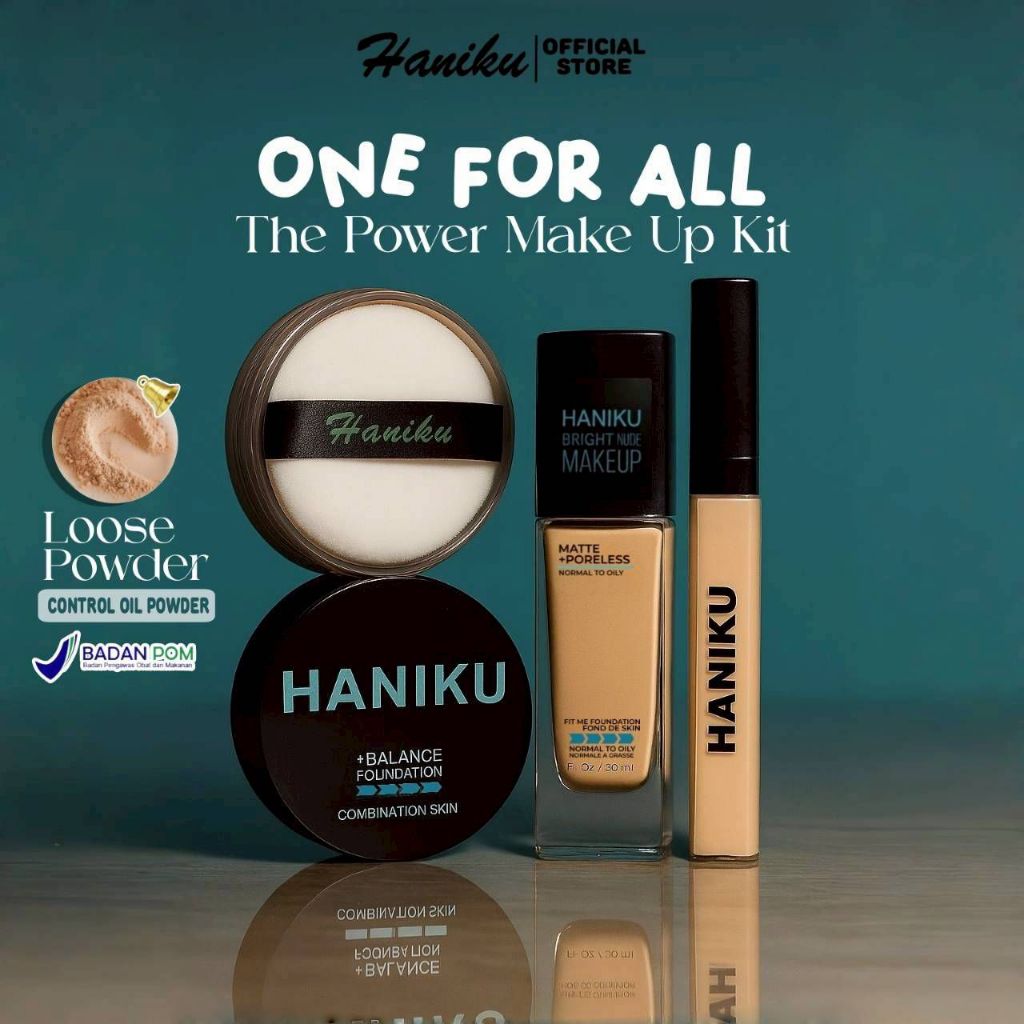 Haniku Paket Make Up 1 Set Lengkap Powder Set 3in 1 Bedak tabur ,  Concelear, Foundatioon BPOM /  Pa
