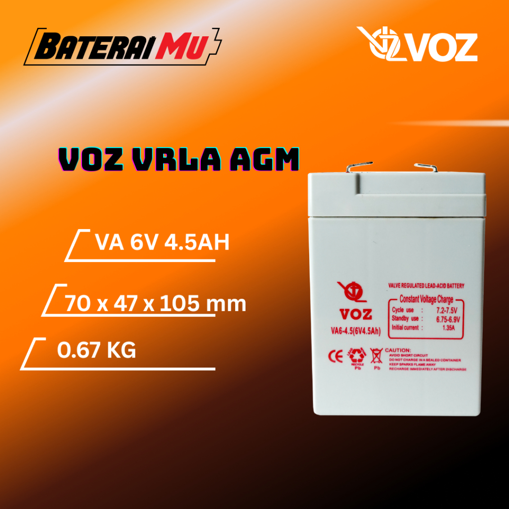 BateraiMu Voz Baterai VRLA AGM 6V 4.5Ah | Aki Baterai Timbangan | Baterai Lampu Emergency | VA6V-4.5