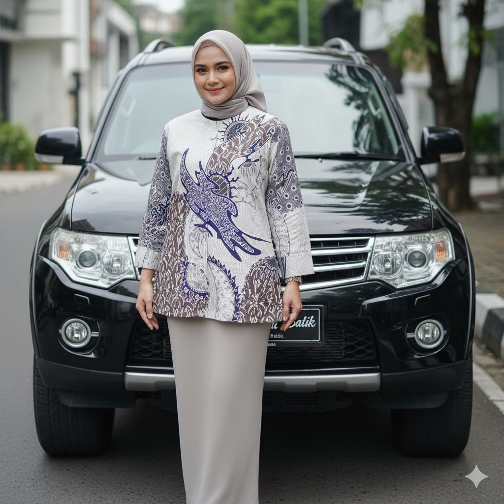 Blus batik wanita perempuan 811 bahan katun lapis furing trikot putih biru hitam