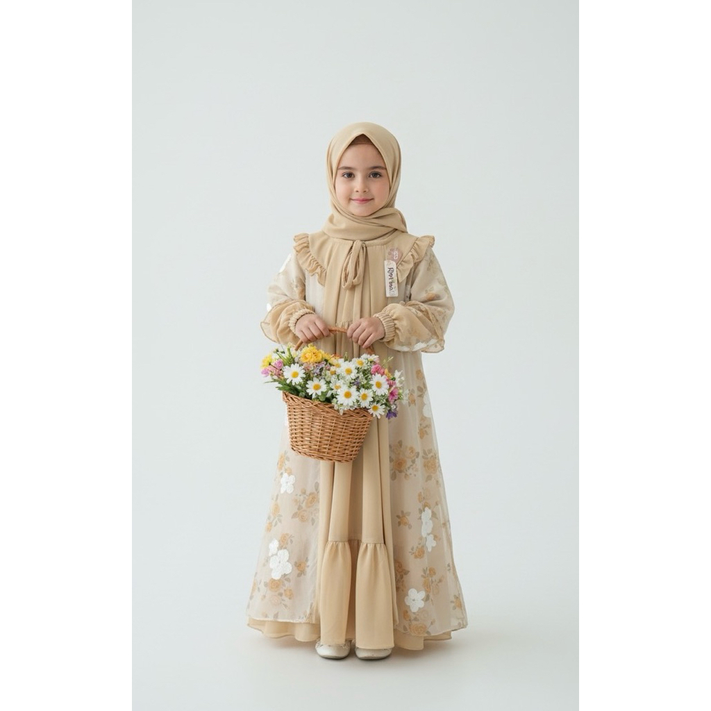 Thirka Kids - Gamis Anak Set Jilbab Bahan Organza Bordir / Abaya Anak Set Hijab