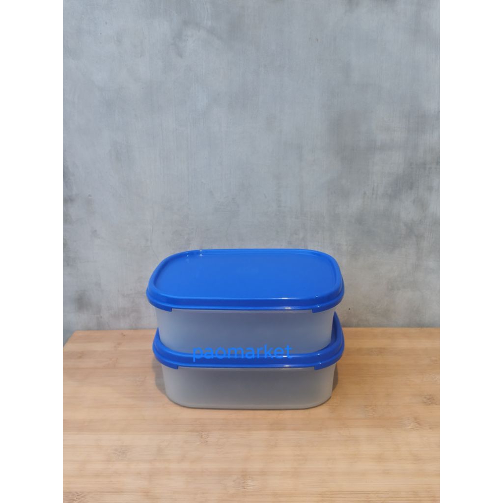 tupperware mini rect low 850 ml - 1 set isi 2 - warna tutup biru dan base transapran - wadah toples 