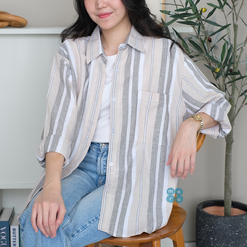 DAMI Linen Stripes Shirt | Kemeja Wanita Salur Linen Shirt Pakaian Kerja Atasan Formal Garis Cewek