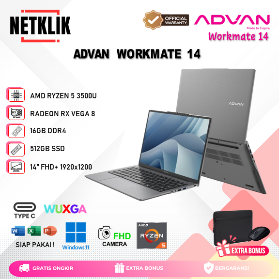 Laptop ADVAN WORKMATE 14 AMD Ryzen 5 3500U 16GB 512GB SSD WIN11 Baru