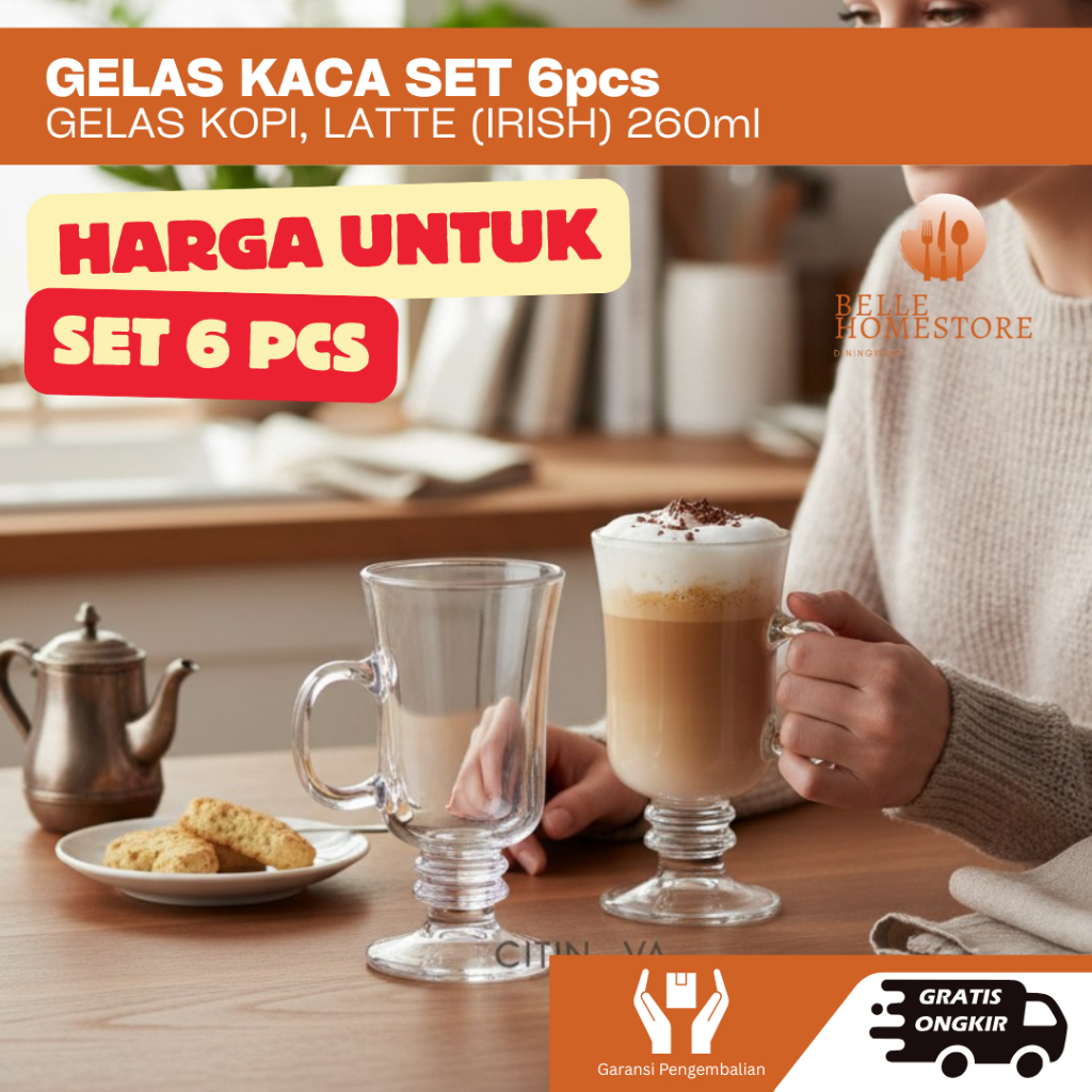 GELAS KACA CITINOVA IRISH 260ml SET6PC Gelas Kopi Coffee Aesthetic Lusinan Cafe BELLE.HOMESTORE