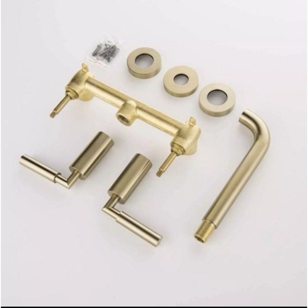 Kran wastafel tanam 3 lubang panas dingin, kran bathtub mixer brush gold