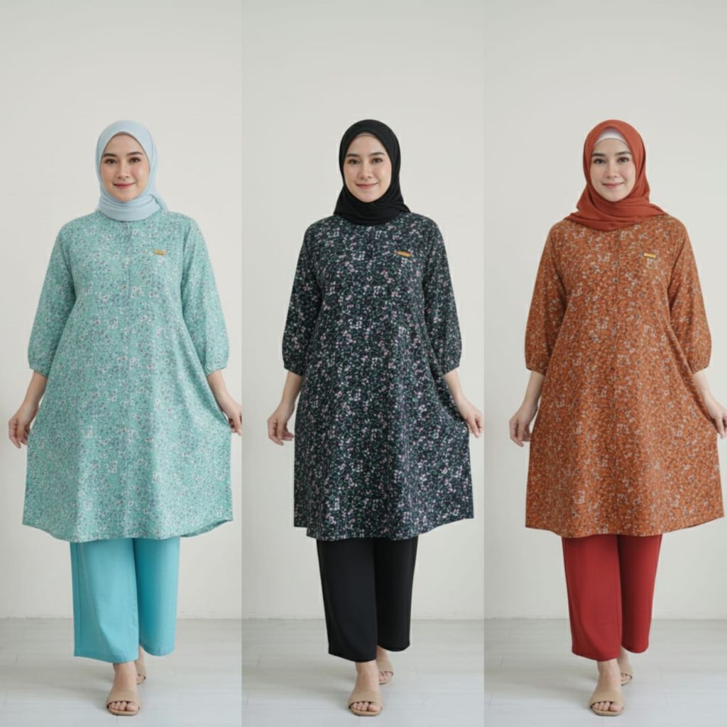 one set tunik rayon twill motif bunga, setelan celana tunik wanita dewasa busui bahan rayon twill mo