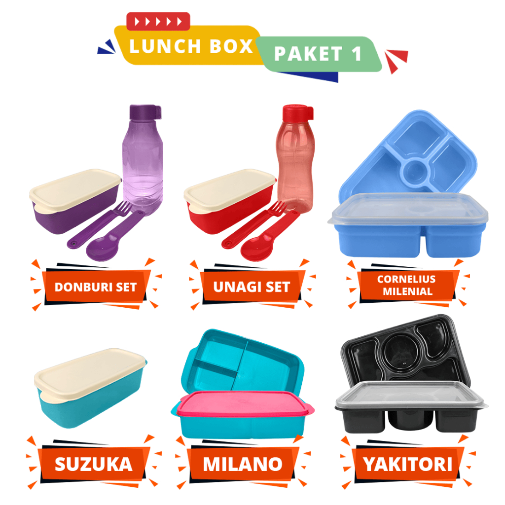 PAKET LUNCH BOX 1 SET ISI 6 PCS Lunch Box / Kotak Bekal Makan Siang Kotak Makan Siang Aesthetic
