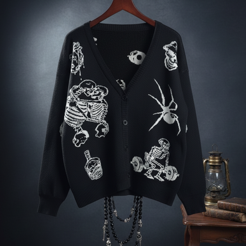 Vintage Streetwear Cardigan Rajut Oversize Motif Tengkorak Skeleton Rajut Oversize Motif Tengkorak