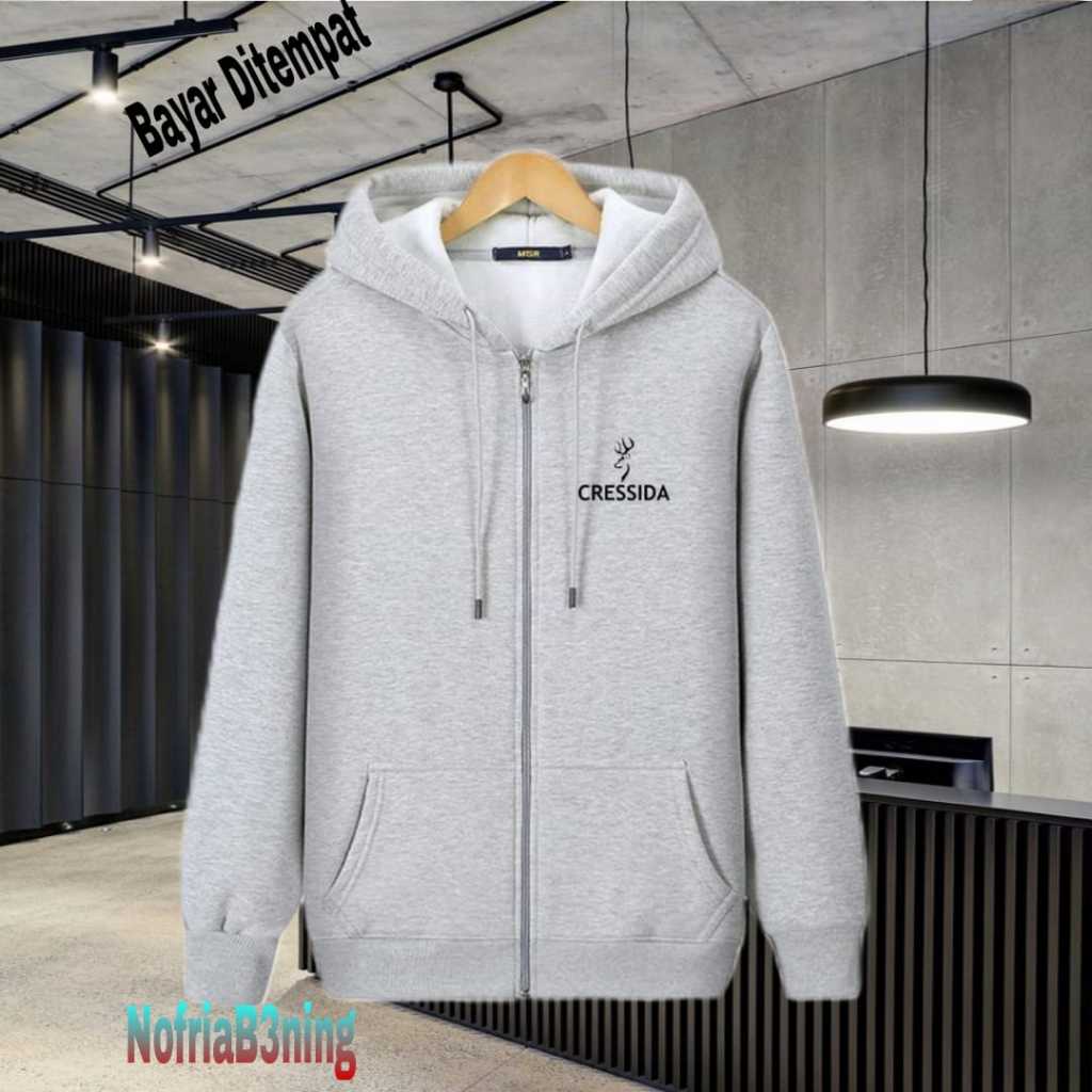 (COD) Jaket Resleting Distro Cressida Text Hitam Jaket Pria Wanita Terkeren Jaket Denim Distro Katun