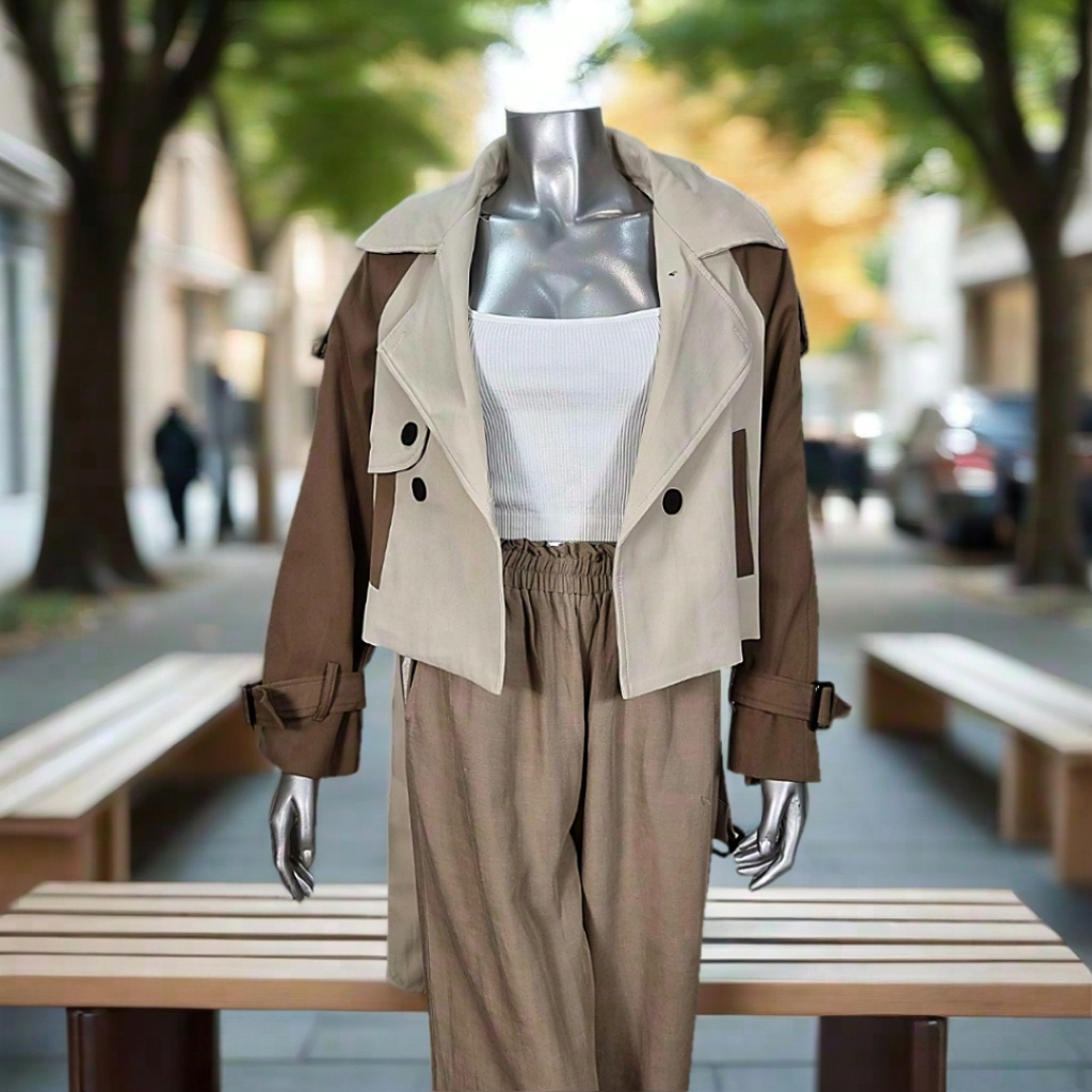 Blouse wanita import semi coat pendek l crop coat kombinasi 2 warna ( 5-22509 )