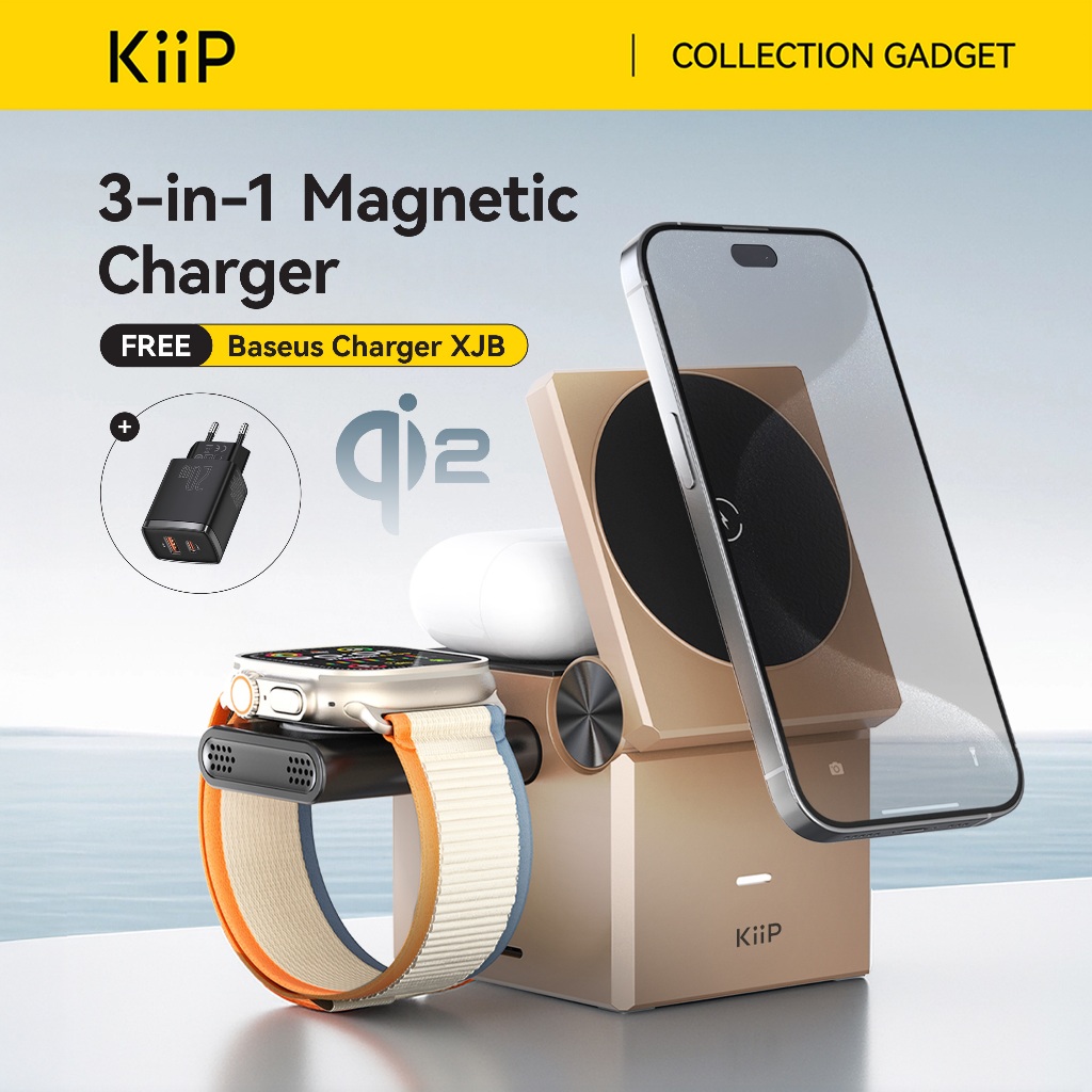 Kiip Wireless T1 Pro 3in1 Foldable Magsafe Charging Station 15w Fast Charging Qi2