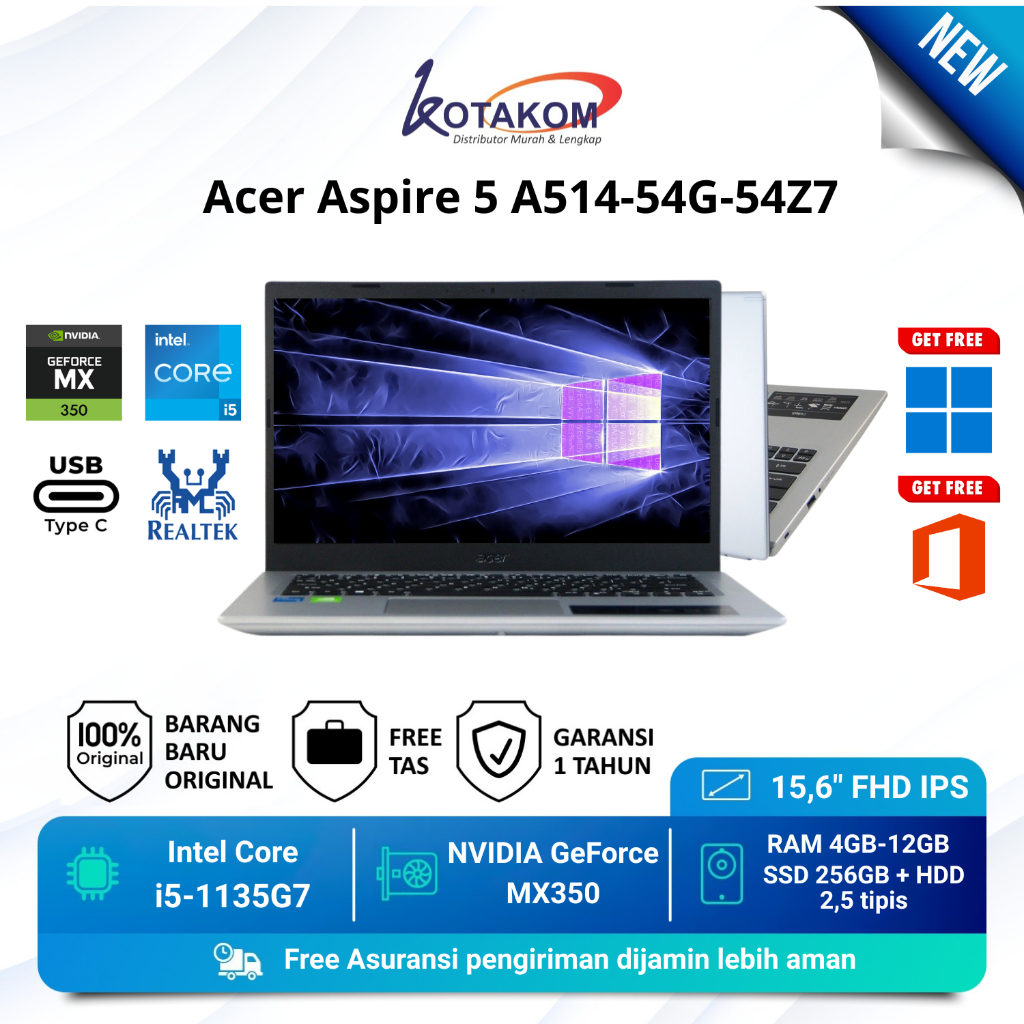 Acer Aspire 5 A514-54G-54Z7 i5-1135G7 / Ram 12GB / 256GB SSD / VGA 2GB NVIDIA GeForce MX350 / Layar 