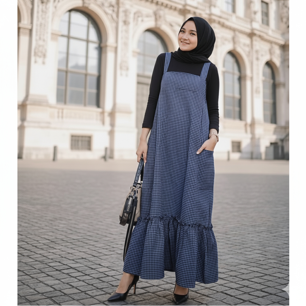 Overall Rampel Bawah Dress Wanita Motif Kotak-Kotak Korean Overall Dress Bahan Katun  Oxsford Import