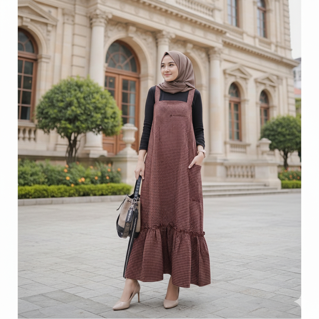 Square Overall Dress Wanita Remaja Kekinian Bahan Katun Oxford Motif KotakTerbaru