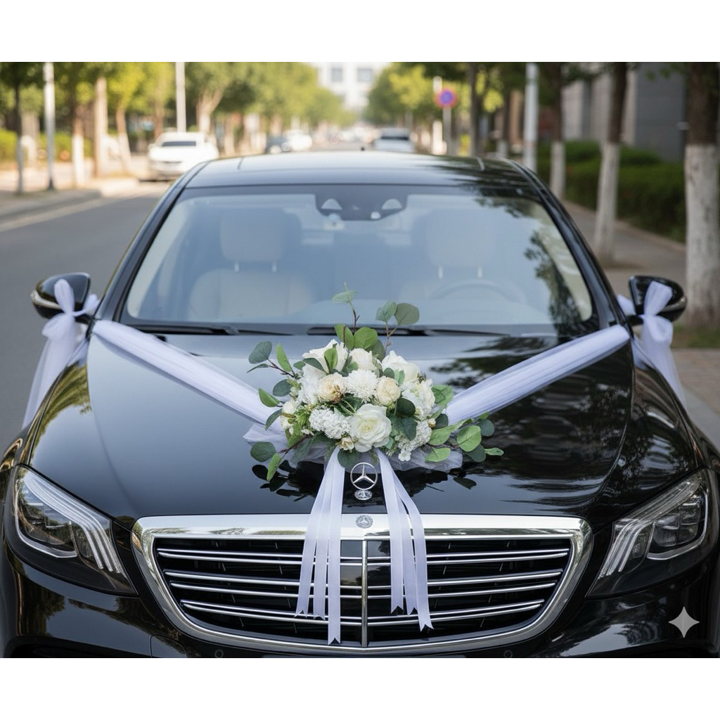 Dekorasi mobil pengantin pernikahan bunga + kain tille karangan bunga kap mobil dekorasi pernikahan 