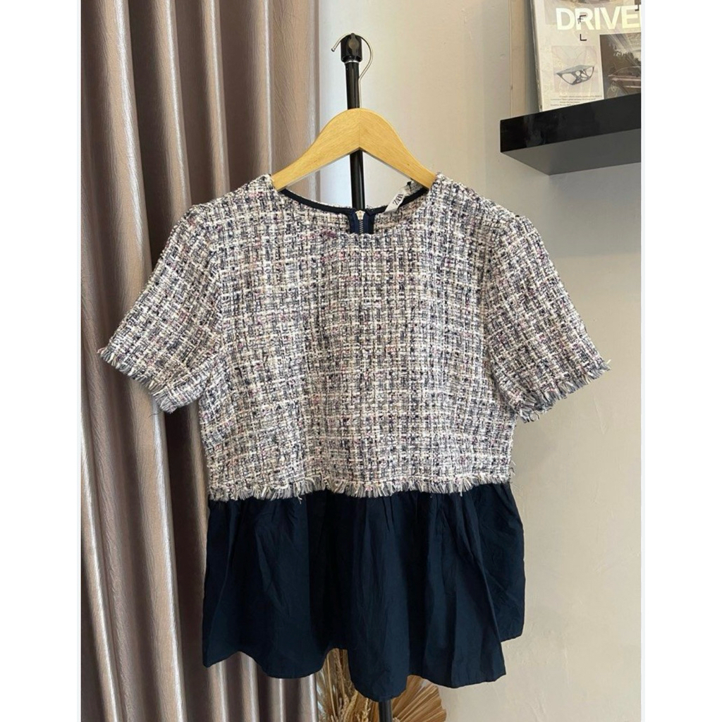 (Preloved) Zara Tweed Combine Blouse Atasan Baju