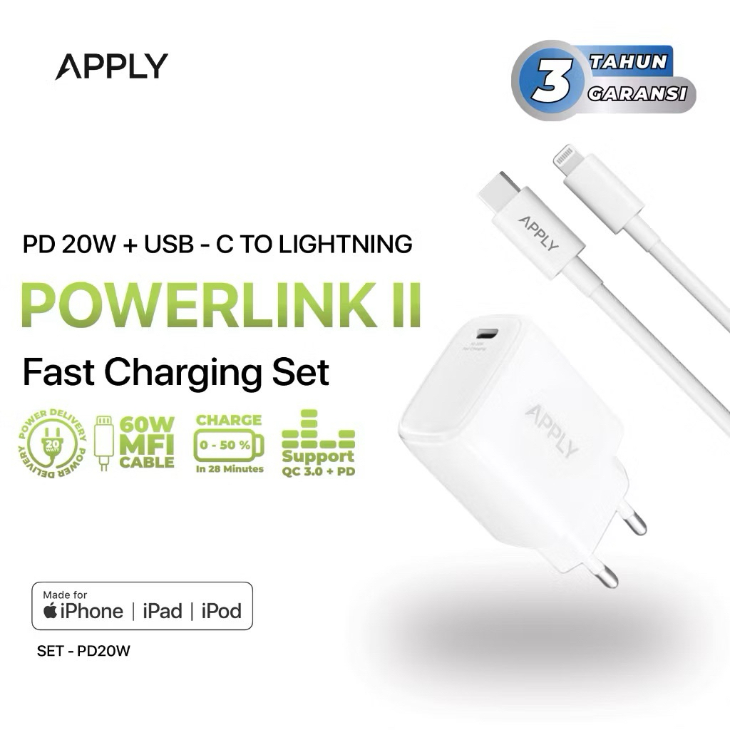 [GARANSI 3 TAHUN] Apply - MFI POWERLINK II - 1 Set Charger iPhone PD20W + MFI Cable Lightning 60W Fo